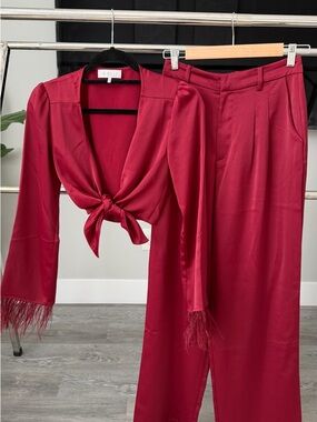 Wayf Satin Tie-Front Top & High-Waist Pants Set - deep Red/ Burgundy